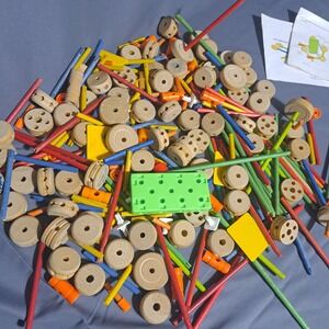VTG Tinkertoy Wooden Plastic Building Connector Blocks 275+ pc Wheels Rods